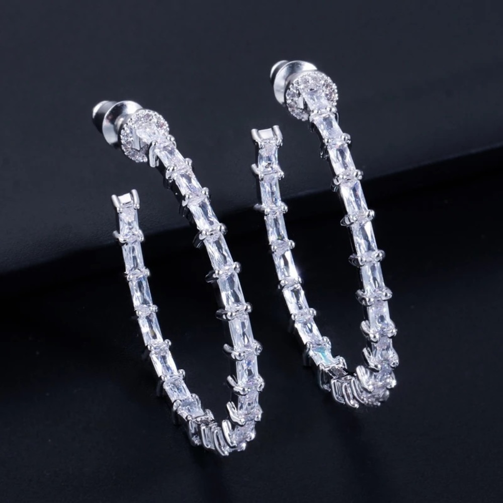 Emerald Cut Hoops Double Inlay Eternity Earrings White Gold